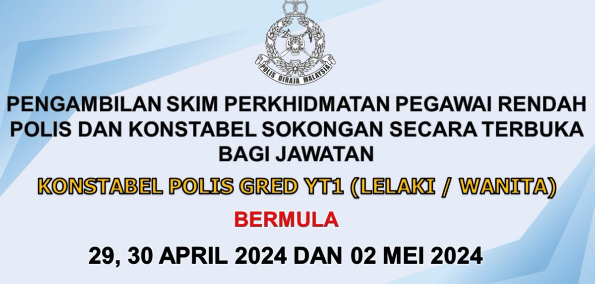 ✅ POLIS DIRAJA MALAYSIA (PDRM) Jawatan * KONSTABEL POLIS GRED YT1 (LELAKI/ WANITA) 📌 Iklan Penuh : peluangkerjaya.com/jobs/polis-dir… #kerjakosong #jawatankosong #peluangkerjaya #carikerja #hiringnow #jobstreet