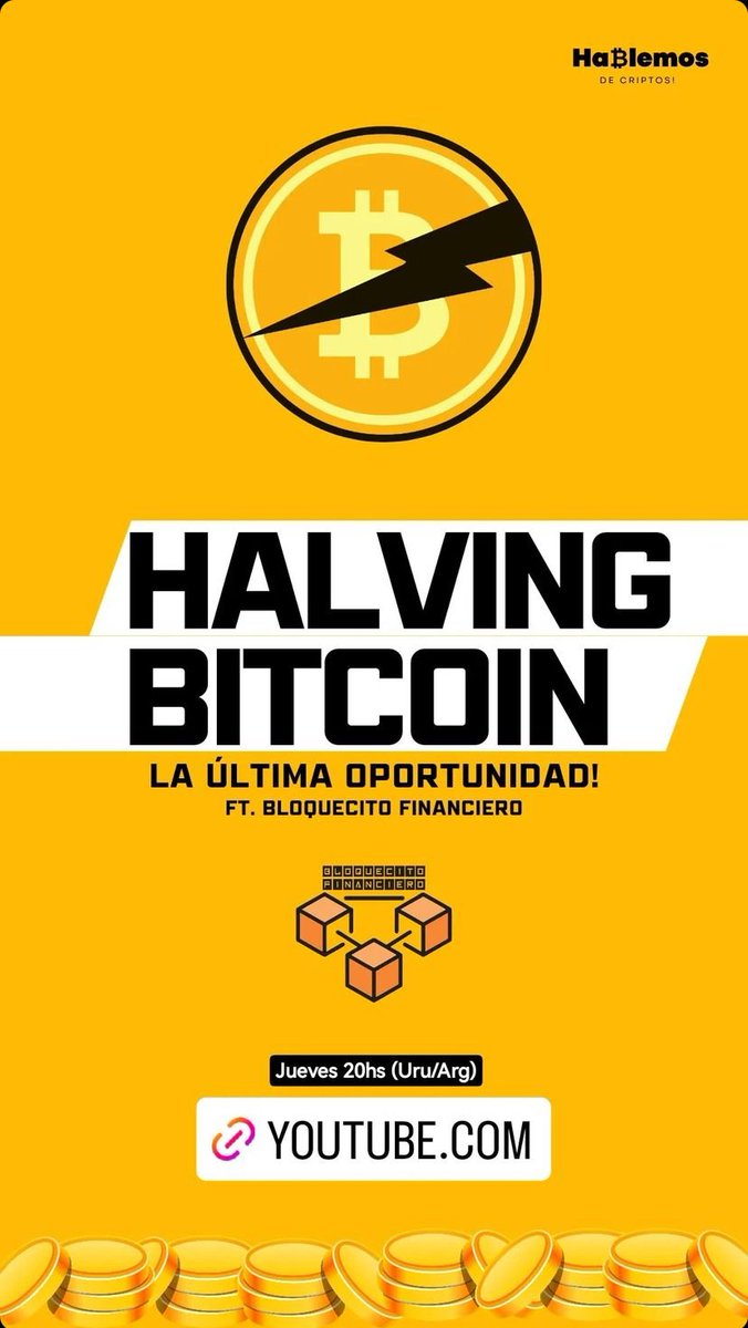 Se viene el halving de #Bitcoin y el jueves 18 a las 20h estaremos junto a Lucas Oddone intercambiando sobre sus implicancias. youtube.com/live/M3yR5D5MP…