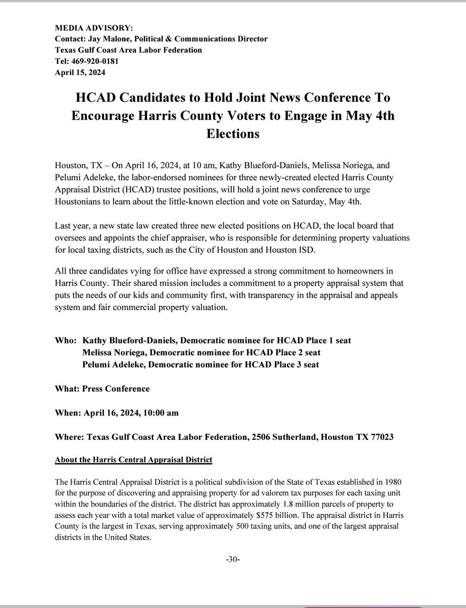 Join the AFL-CIO and their endorsed HCAD candidates for a press conference about the upcoming special election on May 4th. @Pelumi4tx @mzkatdan
@MelissaNoriega
@CIAHTX @RepMorales145 @harrisdemocrats