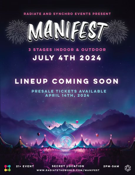 Manifest 2024 ⏳

We cannot WAIT to show you guys what we have planned for this year’s line up! 

<a href="/RadiateTheWorld/">Radiate</a> is always connecting the scene we love and together we are going to throw the biggest Manifest yet! 
See you July 4th 😌
synchroevents.com/events