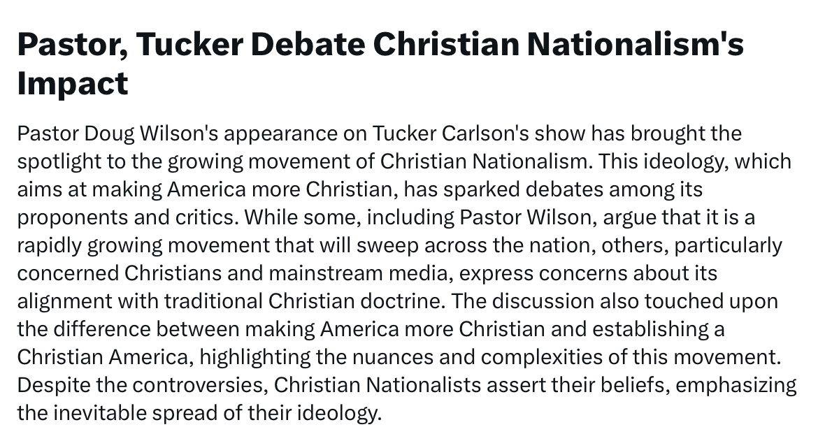 Do you think that some of Tucker‘s recent stances are bizarre? He is unabashedly pro-Palestinian, and here he appears to be buying fully into Christian Nationalism, which is a leftist psyop. Thoughts?