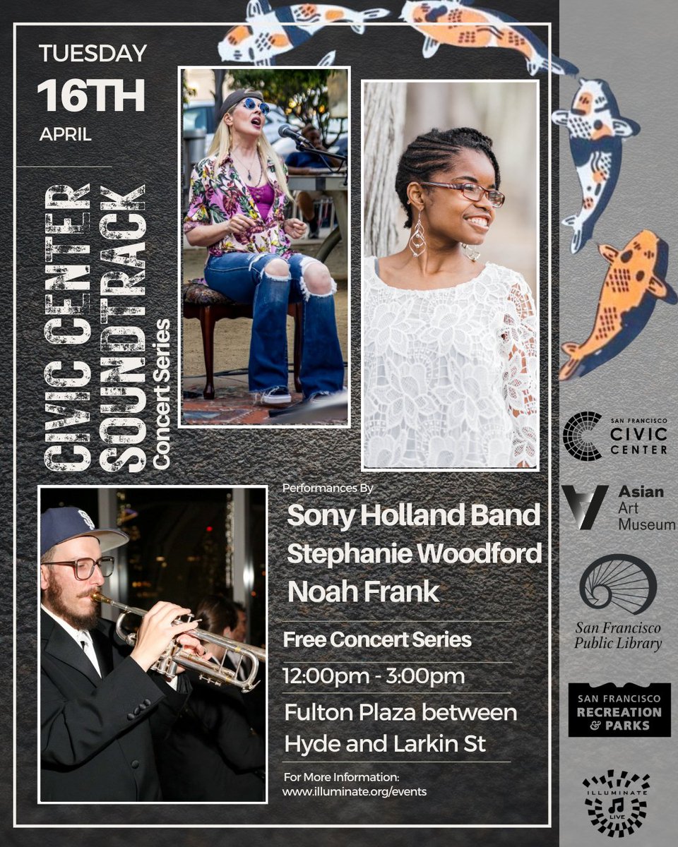 Fulton Plaza is featuring free live music tomorrow, Tuesday 4/16 with the Civic Center Soundtrack Concert Series. Tomorrow's lineup features: Sony Holland Duo Stephanie Woodford Noah Frank Come out to Fulton Plaza 12-3pm & enjoy a long lunch! @recparksf @SFPublicLibrary