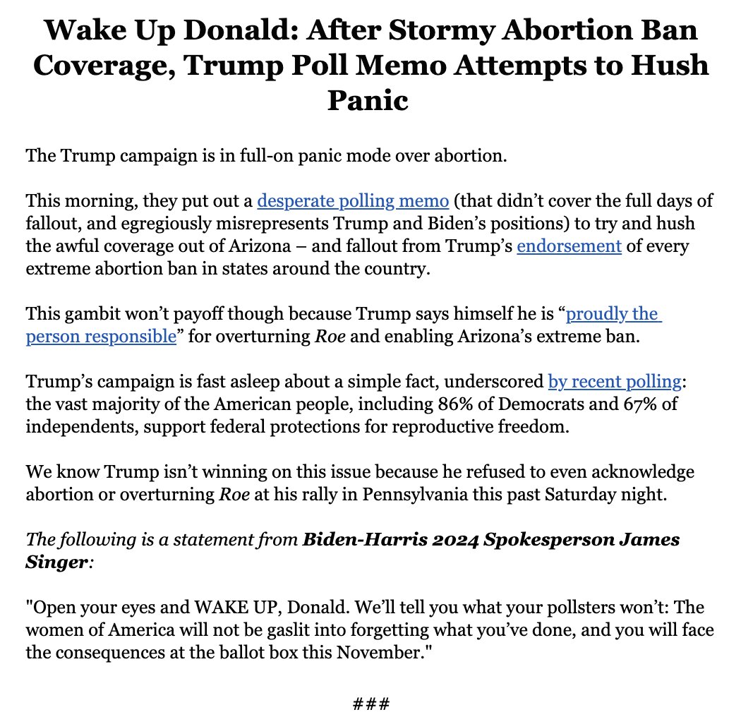 Quite the statement: 'Wake Up Donald: After Stormy Abortion Coverage, Trump Poll Memo Attempts to Hush Panic.' 'Trump's campaign is fast asleep about a simple fact, underscored by recent polling: the vast majority of American[s]...support fed protections for repro freedom.'