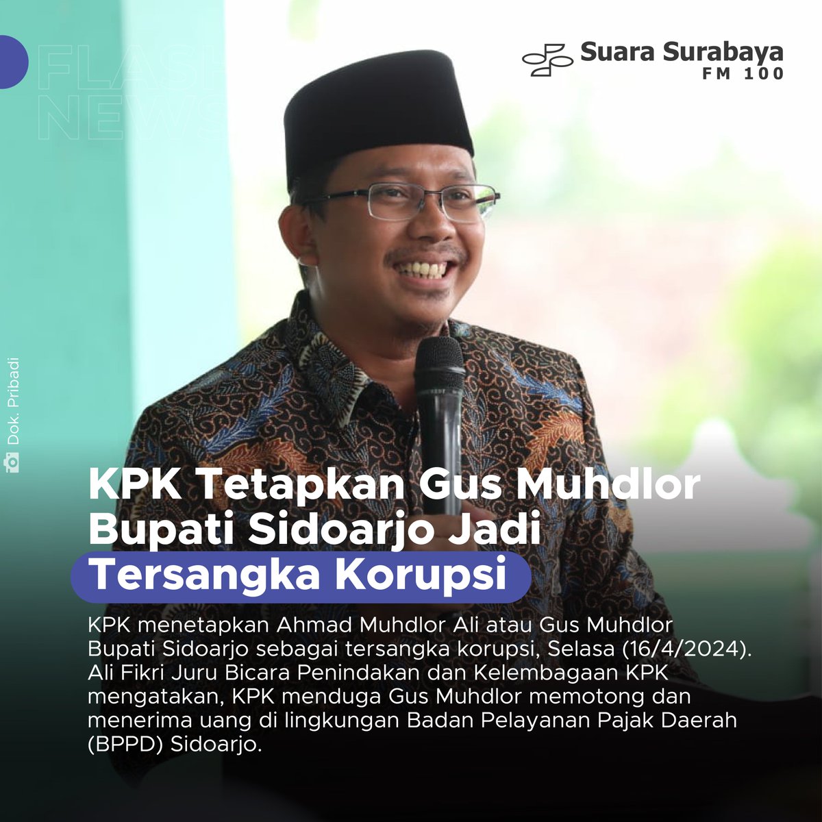 e100ss's tweet photo. #Flashnews - KPK menetapkan Ahmad Muhdlor Ali atau Gus Muhdlor Bupati Sidoarjo sebagai tersangka korupsi, Selasa (16/4/2024).

Ali Fikri Juru Bicara Penindakan dan Kelembagaan KPK mengatakan, penetapan tersangka Gus Muhdlor Bupati Sidoarjo ini berdasar pada analisa keterangan yang disampaikan para saksi, tersangka, dan alat bukti yang telah dikantongi penyidik.

Hasilnya, penyidik menemukan peran dan keterlibatan pihak yang diduga turut serta dalam tindakan rasuah di lingkungan BPPD Sidoarjo. KPK kemudian menggelar ekspose dan menyepakati pihak yang bisa dimintai pertanggungjawaban hukum.

Sebagai informasi, perkara dugaan korupsi di Sidoarjo sudah berawal dari operasi tangkap tangan (OTT) yang digelar pada 25 dan 26 Januari lalu. Dalam operasi itu, tim penyidik dan penyelidik mengamankan 11 orang, termasuk sanak keluarga Gus Muhdlor.

Namun, setelah melakukan gelar perkara pada Januari itu, KPK hanya menetapkan satu orang sebagai tersangka, yakni Siska Wati Bendahara sekaligus Kepala Bagian Umum Badan Pengelolaan Pajak Daerah (BPPD) Sidoarjo.