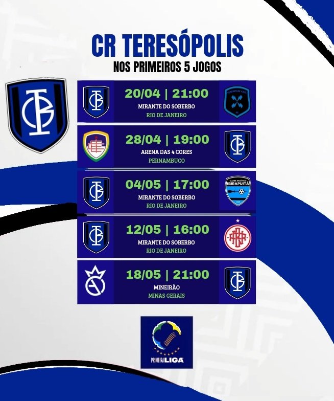 Os primeiros compromissos do Terê na Primeira Liga! Então, me diz: quantos pontos o <a href="/CRTeresopolis/">TERESÓPOLIS</a> faz nas 5 Primeiras Rodadas? 👀

#LigadoBrasileiro