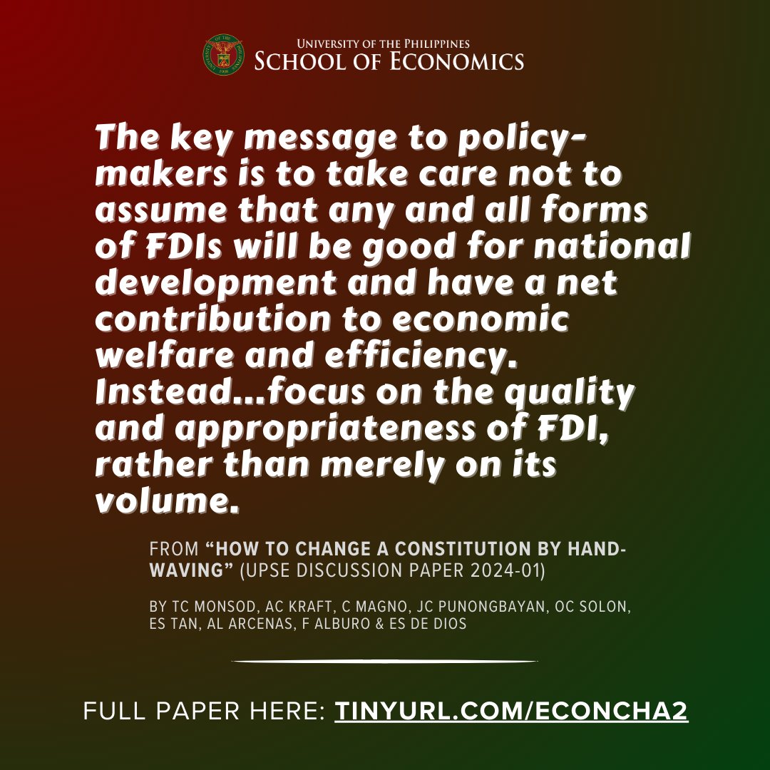 Excerpt from UPSE Discussion Paper 2024-01 titled 'How to change a constitution by hand-waving (Or, the unbearable lightness of evidence in support of lifting foreign ownership restrictions).' 🔗Read the full paper on the UPSE website: tinyurl.com/econcha2.