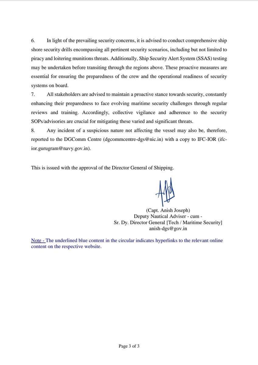 The @dgship_goi has issued circular no. 08 of 2024, Introducing crucial updates for Vessel Operating in Maritime Security High-Risk Area. Let's work together to ensure a safer maritime future. #Save_Our_Seafarers #SaveMerchantNavy #StaySecure