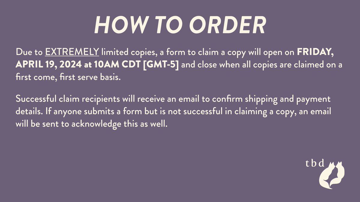 snosanthology's tweet photo. Due to EXTREMELY limited copies, a form to claim a copy will open on FRIDAY, APRIL 19, 2024 at 10AM CDT [GMT-5] (first come first serve).

See this link for a time conversion to your timezone
https://t.co/Mx78QN3ZYp

(3/3) https://t.co/gs1mdpswrd