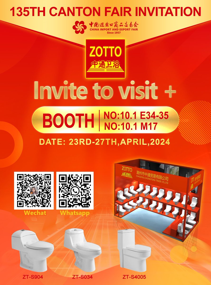 135th Canton Fair, April 23-27th, welcome to visit our booth! ZOTTO SANITARY WARE #Chaozhouzhongtong #zhongtongsanitaryware #zhongtong #ZOTTO #zottosanitaryware #bathroom #siphonictoilet #CantonFair