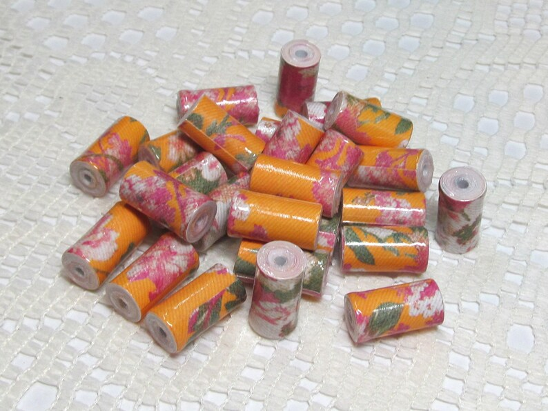 Paper Beads, Loose Handmade Jewelry Making Supplies Craft Supplies Tube, Floral on Yellow etsy.me/4aBxnkX via @Etsy #tubebeads #floralbeads #craftingbeads #jewelrymakingbeads #paperbeads