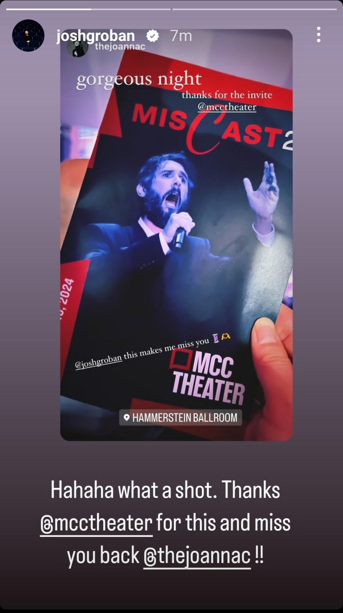 #instastory from @joshgroban 'Hahaha what a shot. Thanks @mcctheater for this and miss you back @joannac!!' #FaveEventOfTheYear 'Mine tooo @mcctheater' #Broadway #MisCast24 #CoverBoy