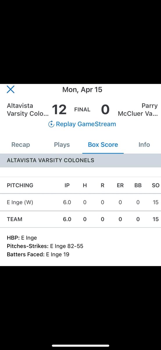 Went 1-3 at the plate with double and walk and pitched a no hitter sitting 83-84 on the mound @Avcolonelsbsb @nrv_tigers @PrepBaseballVA @central_scout
