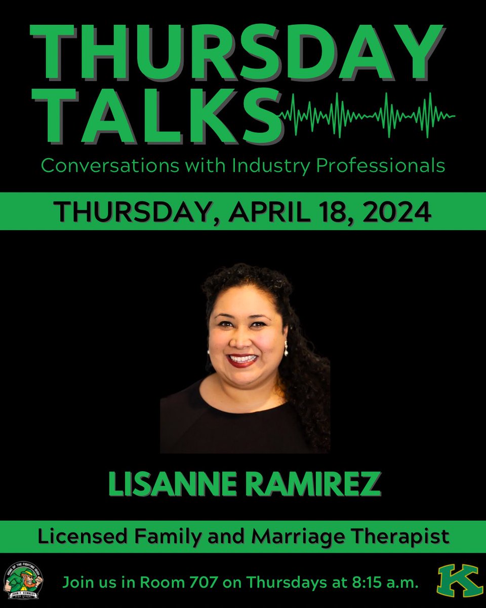 Hey, Irish! Our next #ThursdayTalk is this Thursday, April 18 during late start in room 707. Come hear Lisanne Ramirez discuss her career as a Licensed Family and Marriage Therapist. Hope to see you there! #KHigh4Life #EngageEducateEmpower