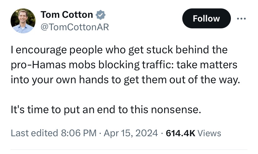 It isn’t just that Tom Cotton is openly calling for his supporters to carry out violence, it’s how blood-curdlingly casual he is in calling for them to carry out violence.