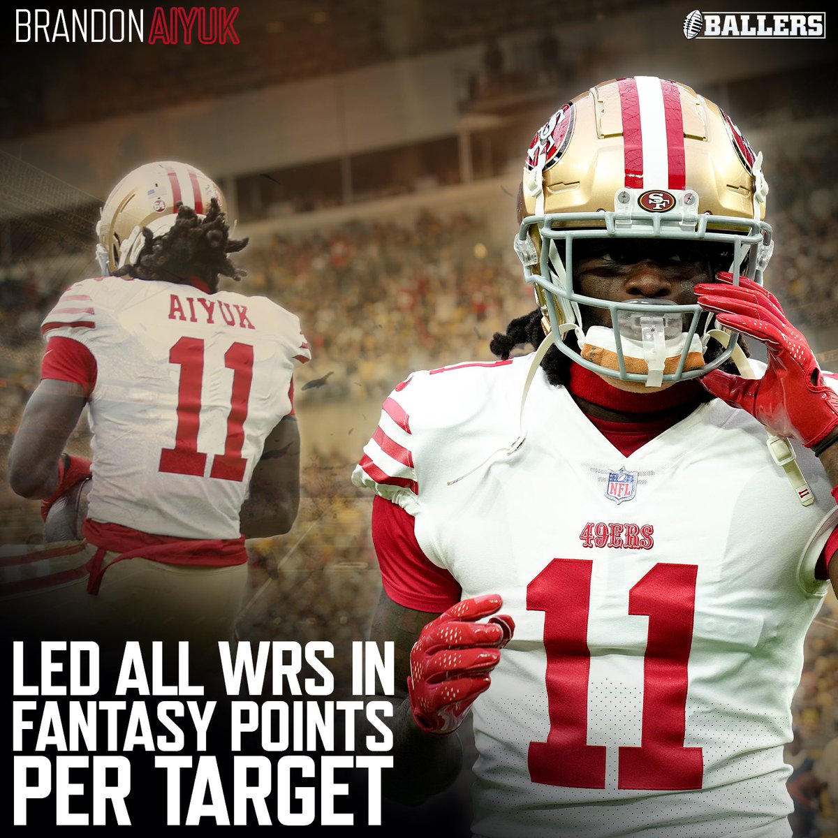 Brandon Aiyuk led all wideouts in fantasy points per target 🤩