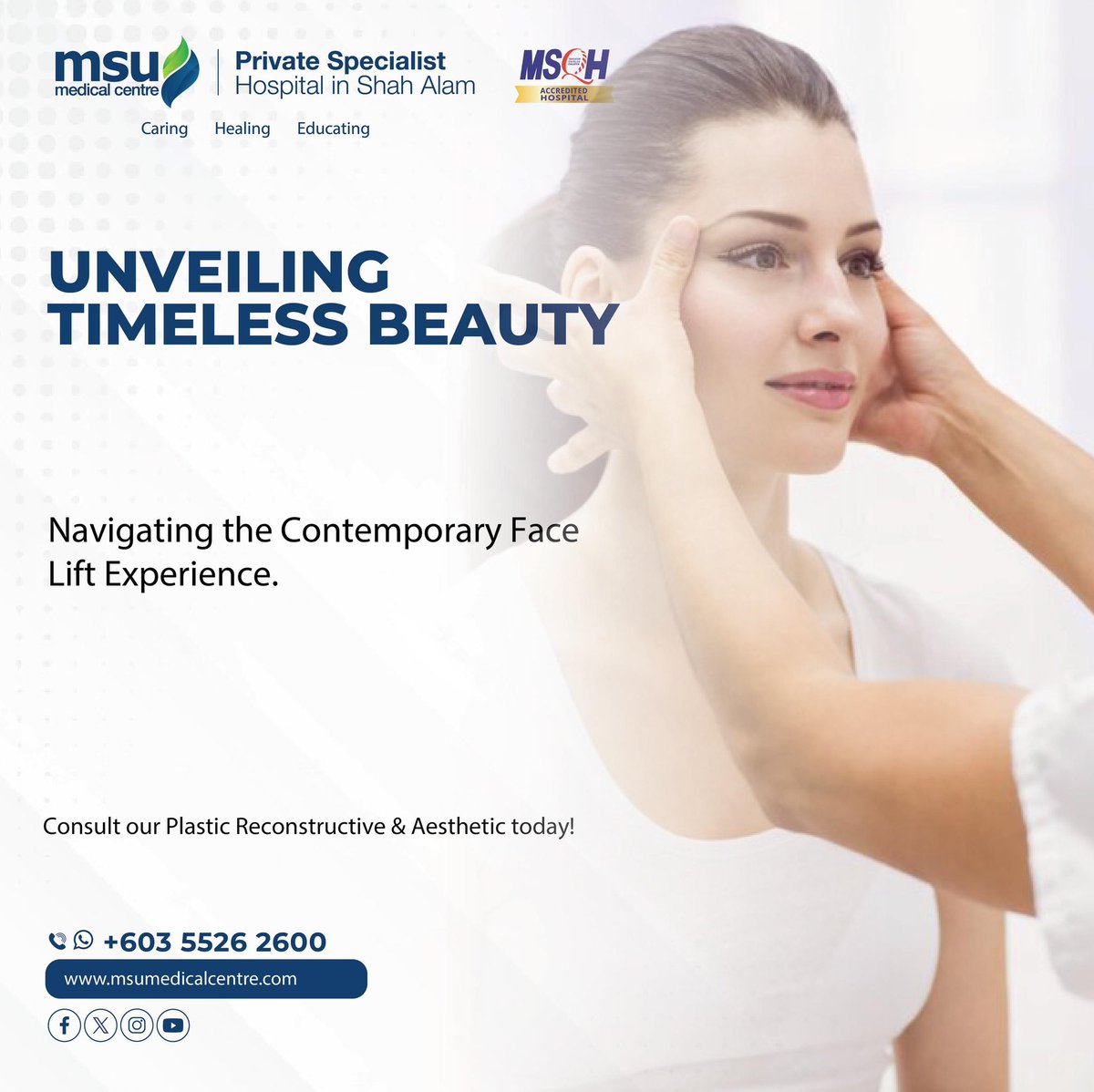 A rhytidectomy involves moving or excising skin, fat, and/or muscle to improve signs of aging on the face and neck.

Call us at 03-55262600 or visit our website at msumedicalcentre.com for more information.

#CaringHealingEducating 
#MSUMC