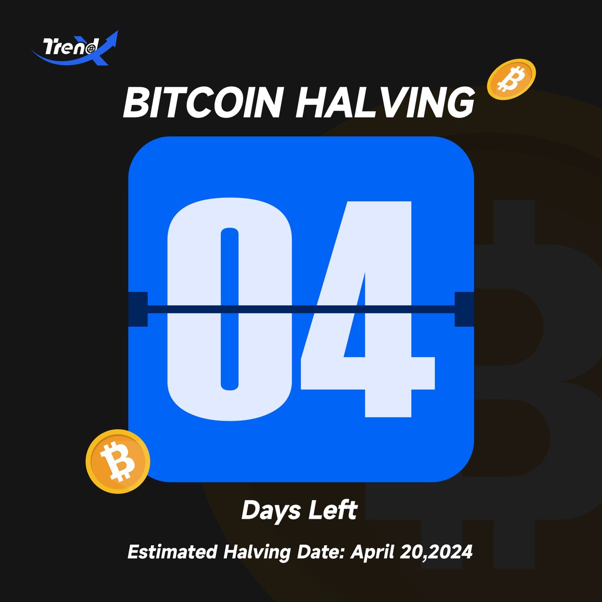 Bitcoin Halving Countdown ⏰ Only 4⃣ days left until the fourth Bitcoin  halving. Time is accelerating 🚀 Join us in the countdown and witness the  arrival of the future! 🟩 The halving