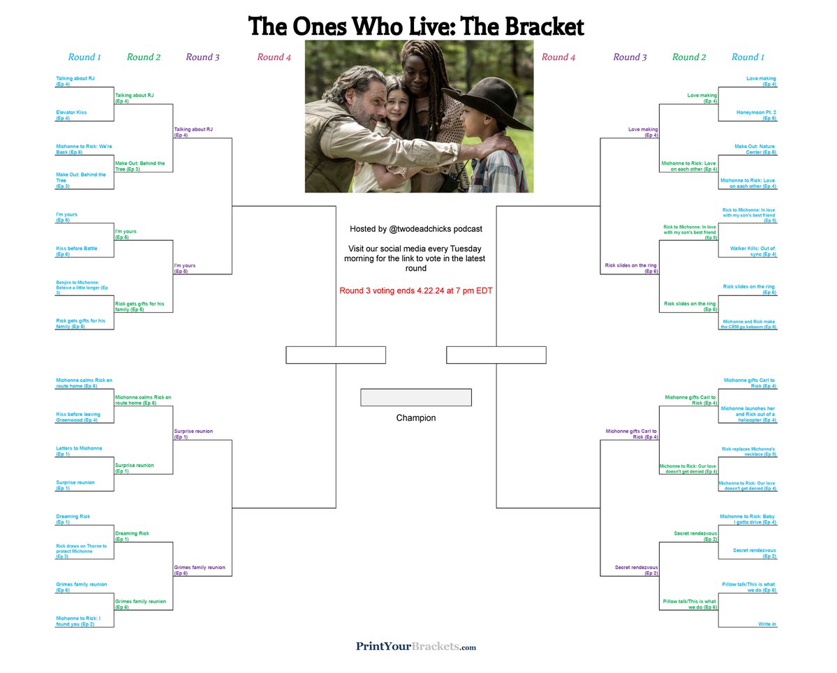 twodeadchicks's tweet photo. Elite 8?! Can you even believe it? Is this shaking out the way you thought? Is your bracket still intact as we enter into Round 3 of #TheOnesWhoLive bracket? Voting ends 4/22 and be sure to tell those #Richonne lovers in your life! #TDCPod https://t.co/GxoBSAOZXk https://t.co/ATnb4GBSmA