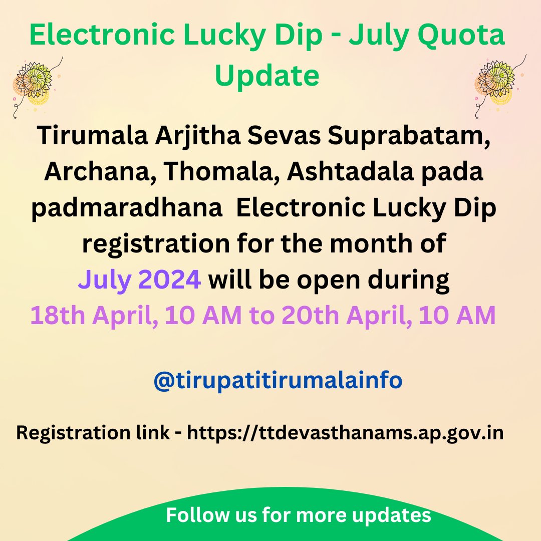 tirupati_info's tweet photo. Tirumala July Quota Tickets Update.
#tirupati #tirumala #ttd #tickets #sevatickets #specialentrydarshan #rs300 #ttdrooms #ttdaccommodation https://t.co/VOD33HY5OO