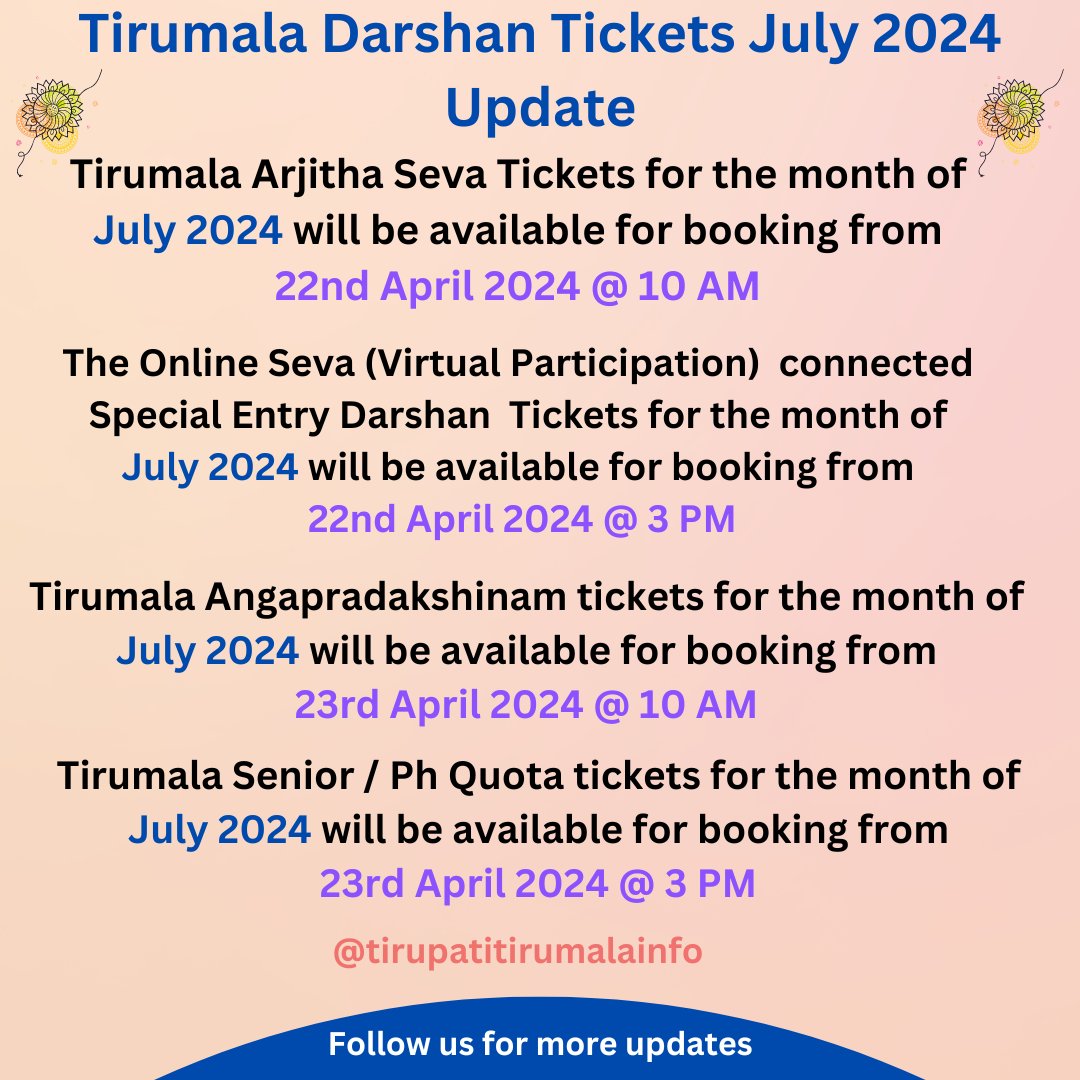 tirupati_info's tweet photo. Tirumala July Quota Tickets Update.
#tirupati #tirumala #ttd #tickets #sevatickets #specialentrydarshan #rs300 #ttdrooms #ttdaccommodation https://t.co/VOD33HY5OO