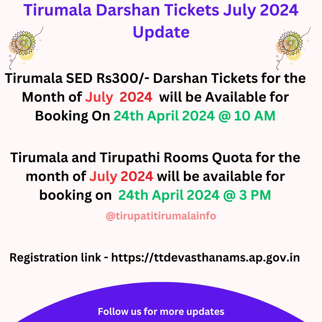 tirupati_info's tweet photo. Tirumala July Quota Tickets Update.
#tirupati #tirumala #ttd #tickets #sevatickets #specialentrydarshan #rs300 #ttdrooms #ttdaccommodation https://t.co/VOD33HY5OO