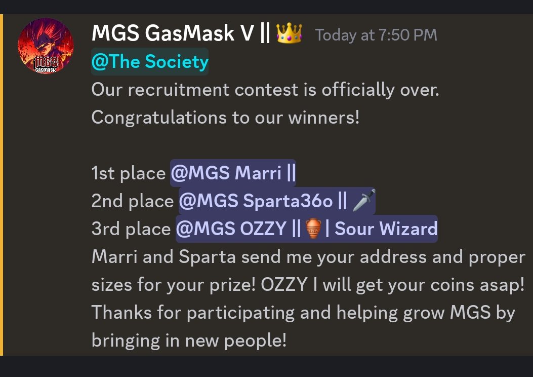 MGS_ClanGG's tweet photo. Congratulations to our recruitment challenge winners! Some got free merch some got some coins for our new MGS store! Thanks for taking up the Challenge! https://t.co/CK6vrDeEik