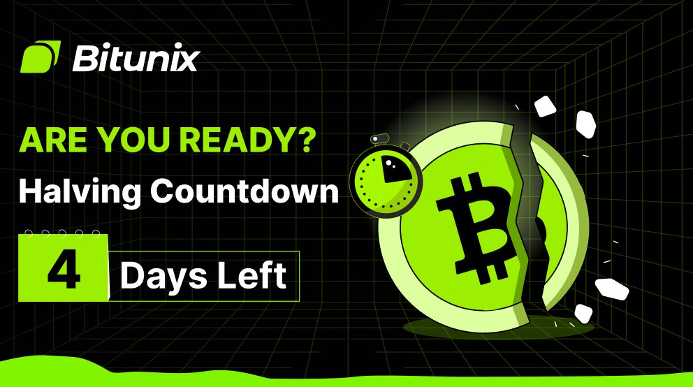 #BitcoinHalving Countdown:

▓▓▓▓▓▓▓▓▓▓▓▓▓▓▓ 

4 Days Left , ONWARDS!

$63400 per #Bitcoin on #Bitunix 🚀