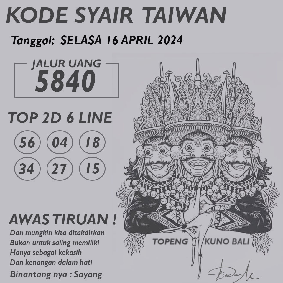 Kode Syair TAIWAN - SELASA 16 APRIL 2024
#syairtogel #syairtogelhariini 
#kodesyairtogel #codesyairtogel 
#syairtaiwan #syairtaiwanpools 
#kodesyairtaiwan #syairjitu 
#syairtaiwanmalamini #syairtaiwanhariini 
#codesyair #kodesyair #togelsyair 
#situssyairtogel