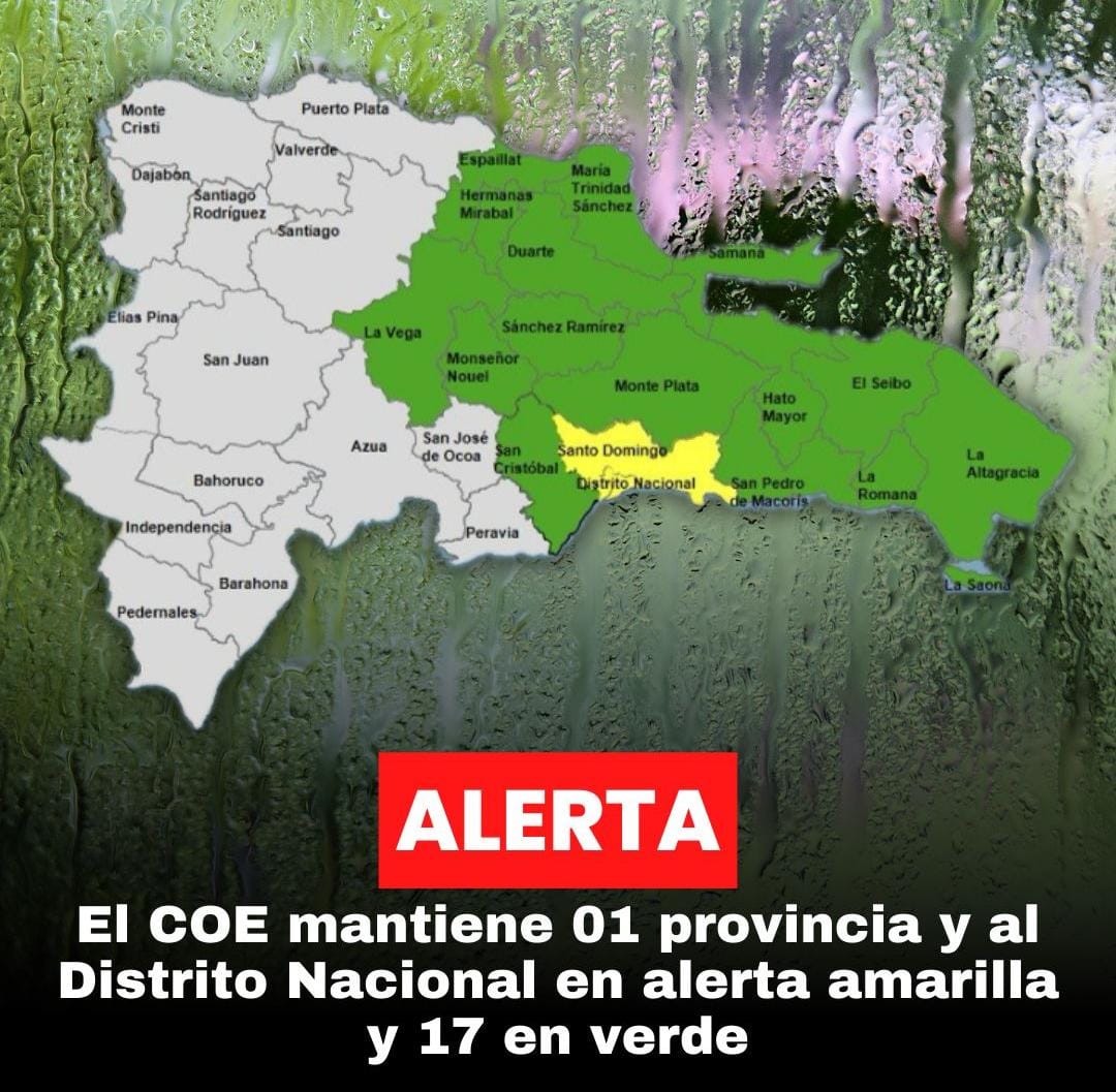 El COE mantiene 01 provincia y al Distrito Nacional en alerta amarilla y 17 en verde, debido a que las imágenes de satélite y radar meteorológico continúan mostrando desarrollos nubosos acompañados de aguaceros fuertes en ocasiones, tormentas eléctricas y ráfagas de viento.