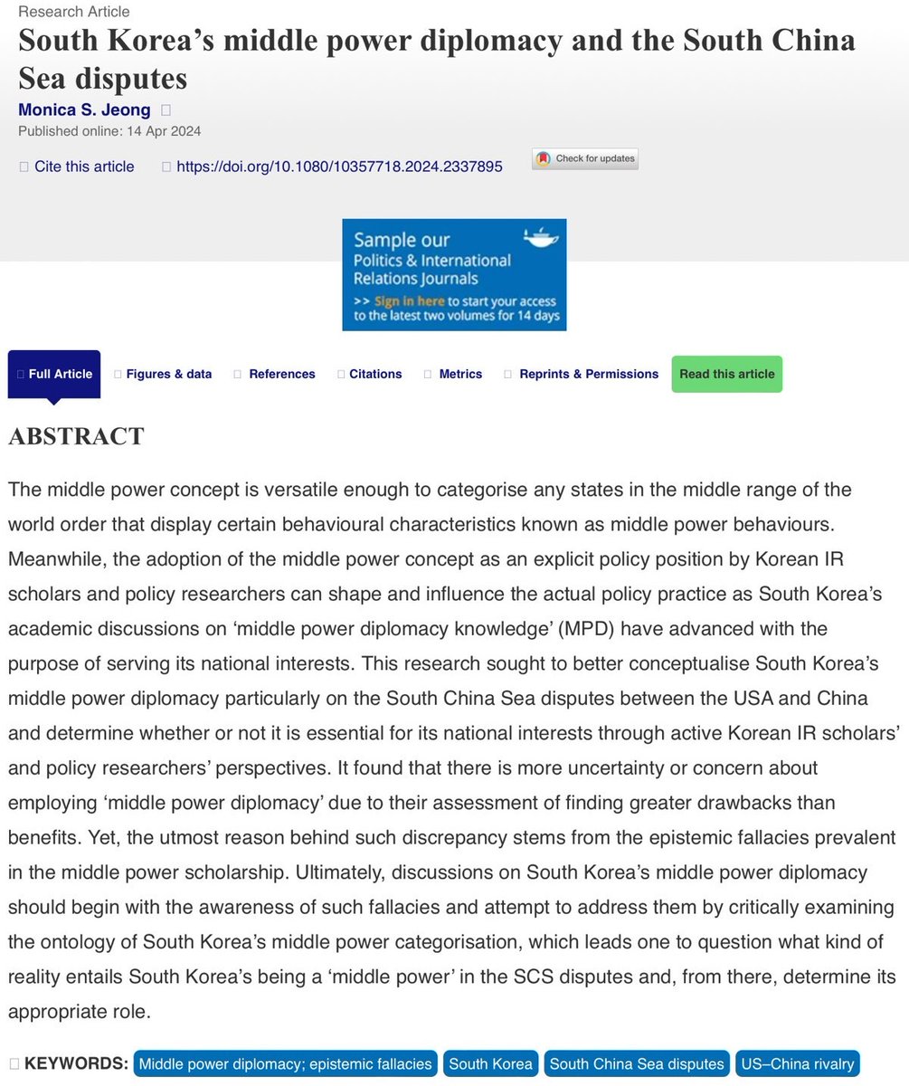 New online! Monica S. Jeong analyses the epistemic fallacies in middle power scholarship and discusses the impact of these on South Korean middle power diplomacy and the South China Sea disputes. tinyurl.com/y8fxzwnz ⬇️