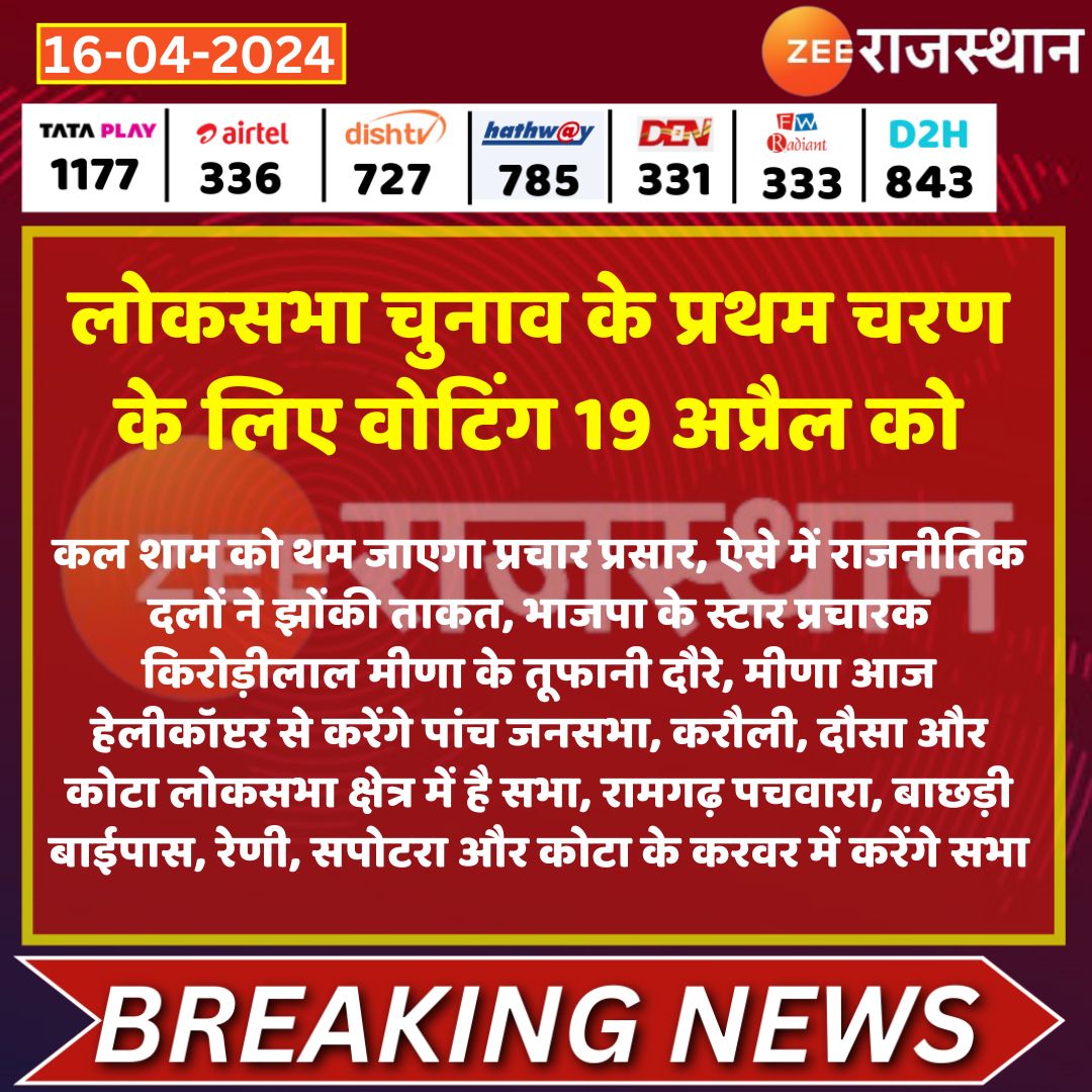 #Dasua लोकसभा चुनाव के प्रथम चरण के लिए वोटिंग 19 अप्रैल को कल शाम को थम जाएगा प्रचार प्रसार, ऐसे में राजनीतिक दलों ने झोंकी ताकत, भाजपा के स्टार प्रचारक किरोड़ीलाल मीणा के तूफानी दौरे, मीणा आज हेलीकॉप्टर से करेंगे पांच जनसभा, करौली, दौसा और कोटा लोकसभा क्षेत्र में है सभा,