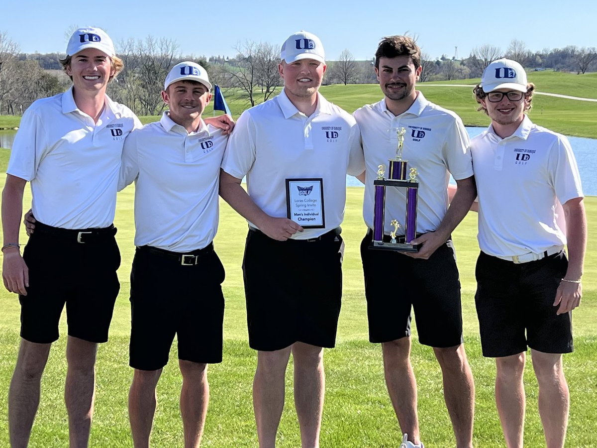 Really proud of these guys today!! They shot rounds of 303 & 294 over two days and won the Loras College Invite!! Also congrats to our own Cater Ruegsegger who won the individual title as well with rounds of 71 & 70. #UDgolf #keepworking