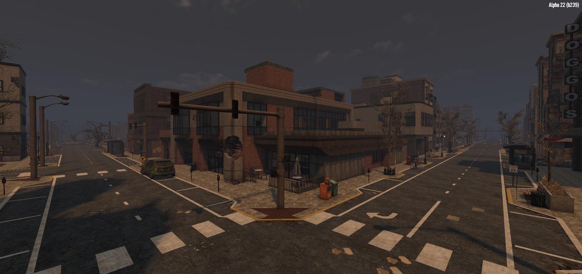 Here is a look at a new downtown business strip. One of the dozens of new locations coming to Alpha 22 on PC and Consoles this Summer. Great work by Earl!