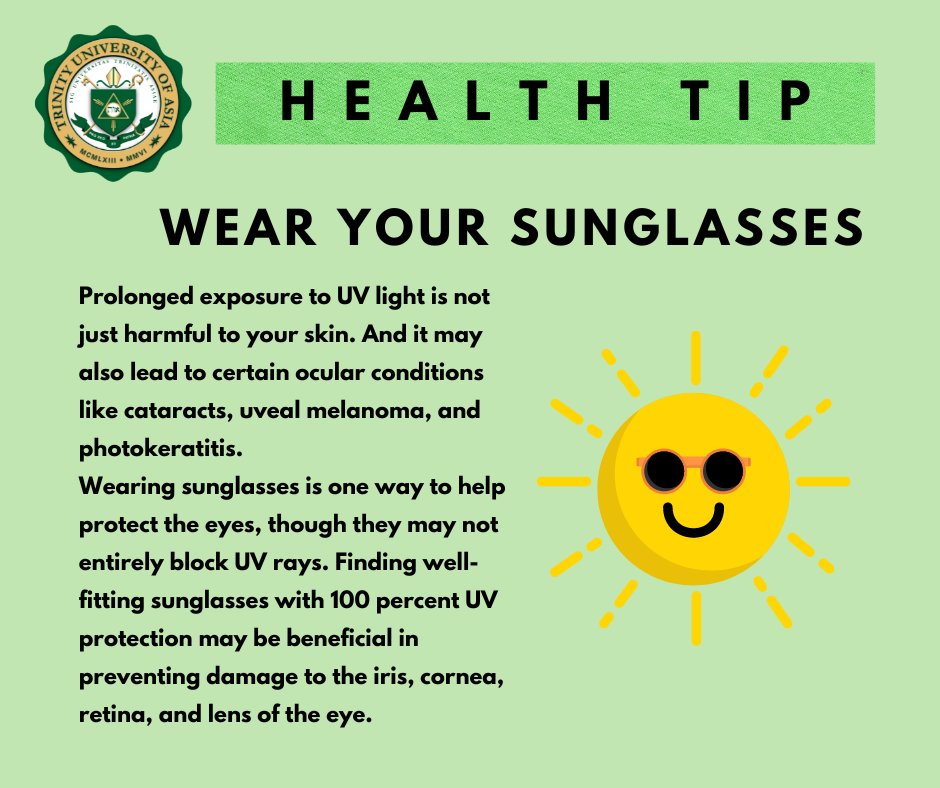 1/2 Happy Tuesday! Today's health tip: Wear your sunglasses
Prolonged exposure to UV light is not just harmful to your skin. And it may also lead to certain ocular conditions like cataracts, uveal melanoma, and photokeratitis.