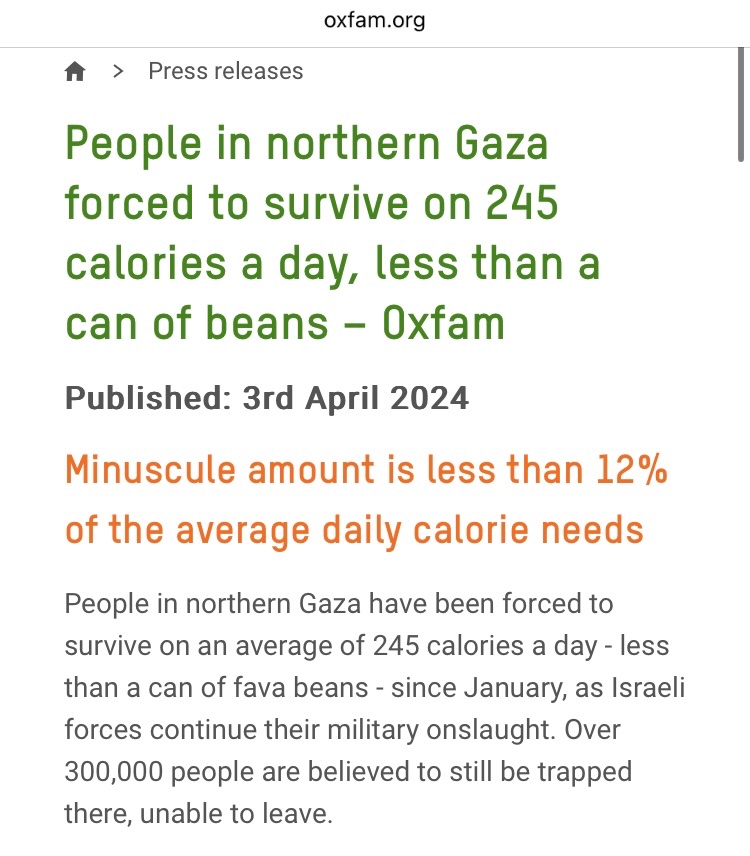 Buchenwald ration: 1750 cal Temple ration, Madras: 1627 cal Northern Gaza intake as of April 3, population 300,000: 245 cal
