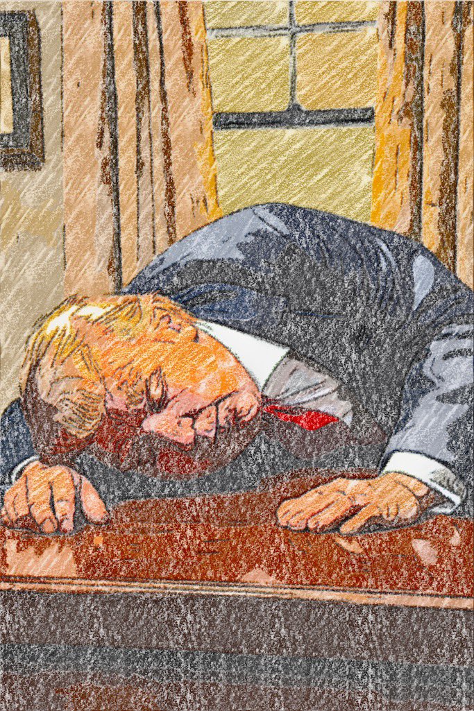 Trump asleep at trial by @iloveizzystudio on Instagram.