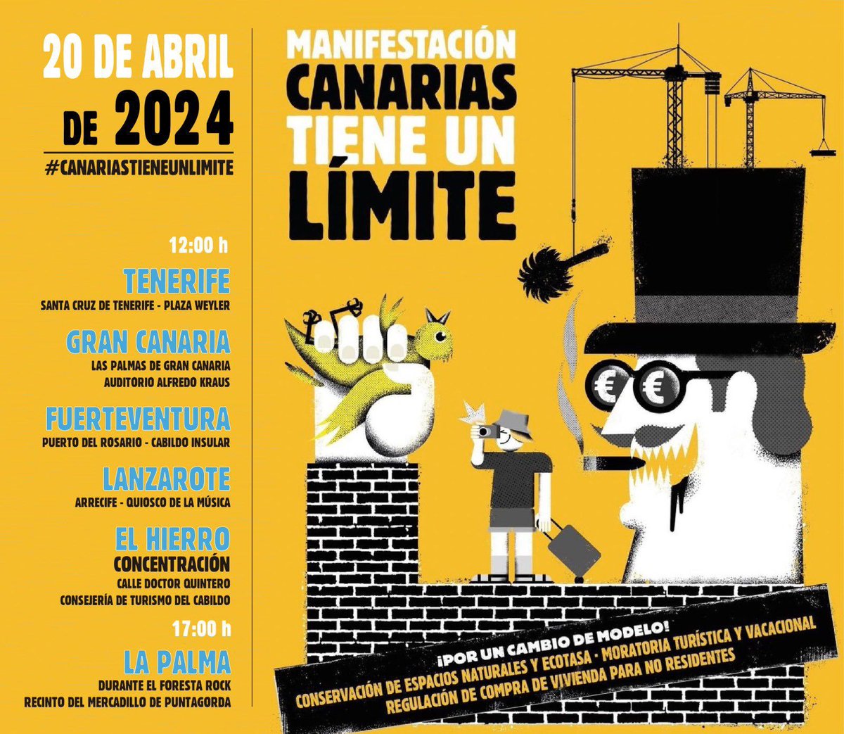 #CanariasTieneUnLimite
El 20 de Abril habrá un antes y un después.
Todo el pueblo canario debe estar unido para proteger esta tierra única en el mundo.
Canarias necesita un cambio inmediato