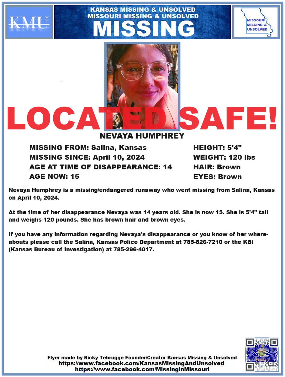 NEVAYA HAS BEEN #LOCATED SAFE!!! THANK YOU TO ALL WHO SHARED HER FLYER!!! #MISSINGPERSON #MISSING @AnnetteLawless #KansasMissing #MissingInKS #Kansas #Salina #SalinaKS