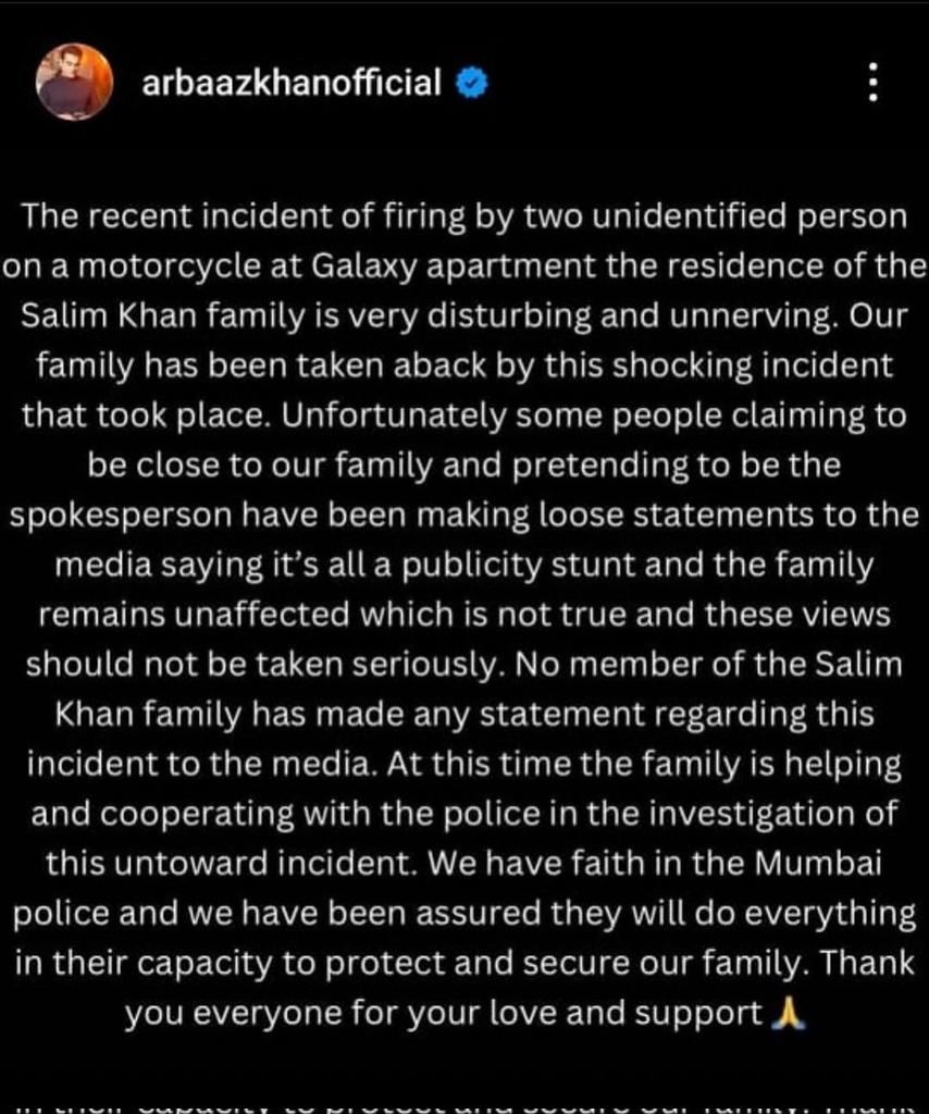 On behalf of his family, @arbaazkhanofficial shared a statement about how distraught and shocked they still are about the shooting incident . . . #salmankhan #salmankhanhome #galaxyapartment #bandra #mumbai #bollywood #arbaazkhan