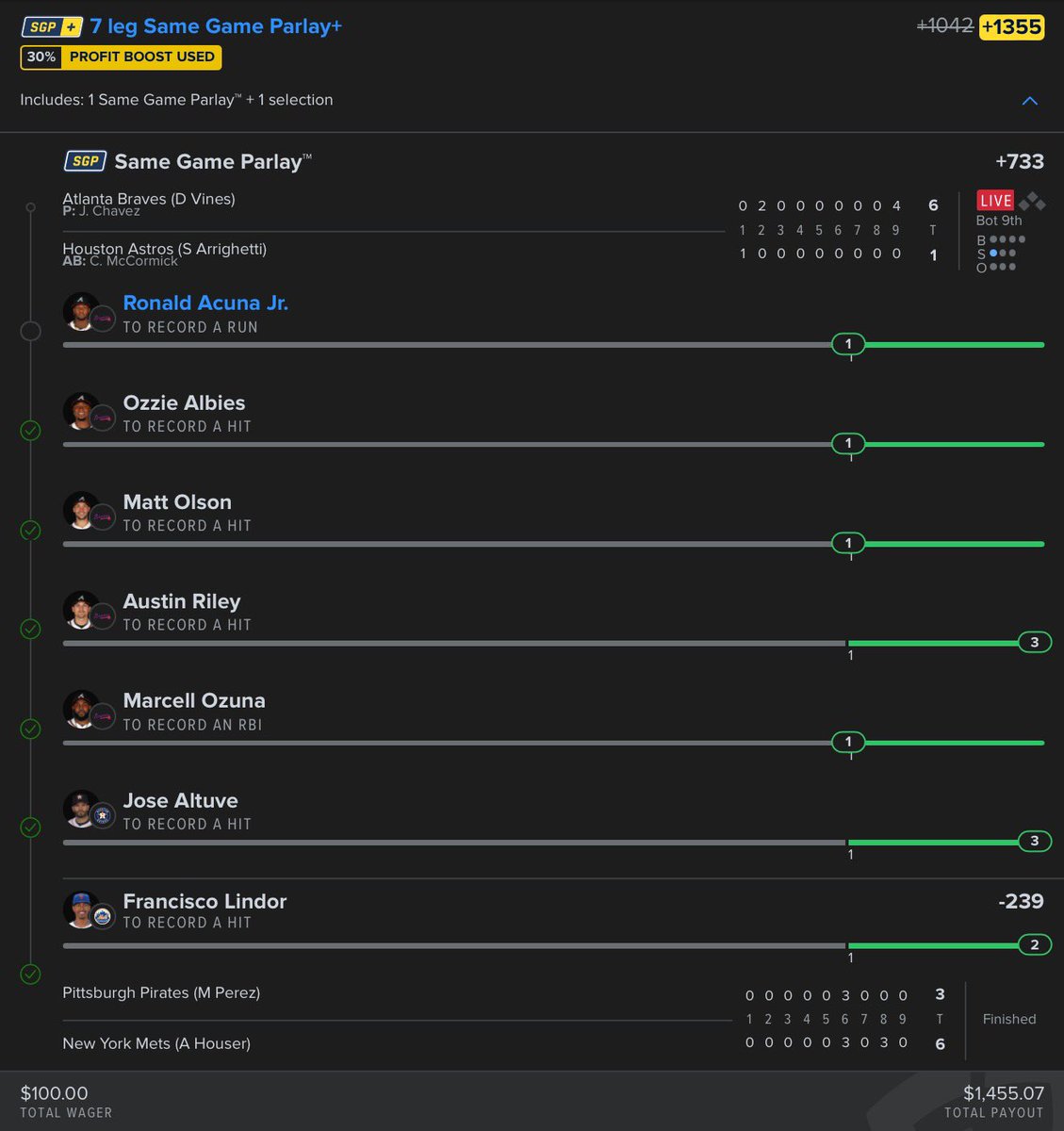 __LordPenguin's tweet image. $100 -&amp;gt; $1455.07 ✅✅

💰 Braves/Lindor Same Game Lay +1355

Too easy didn’t sweat or doubt for a second