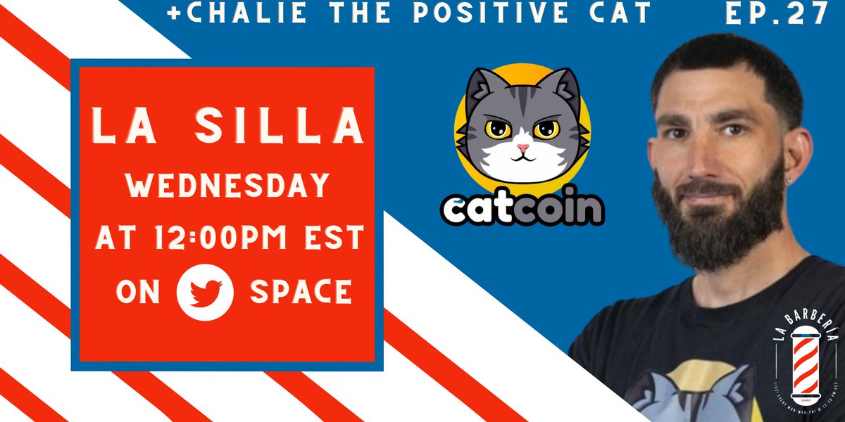 LaBarberiaWeb3's tweet photo. La Barbería's💈La Silla 💺Wednesday Ep. 27
@TRue_JDHarmony welcomes @Positive_Chalie #Catcoin
Space: https://t.co/cr5Gz0pSUK
Esta semana tenemos a +Chalie El Gato Positivo en #LaSilla hablando sobre CATCOIN.
#NFTNYC2024 #NFTs #NFtmUP #Web3community #AIOW #Web3 https://t.co/GuAUjU6agU