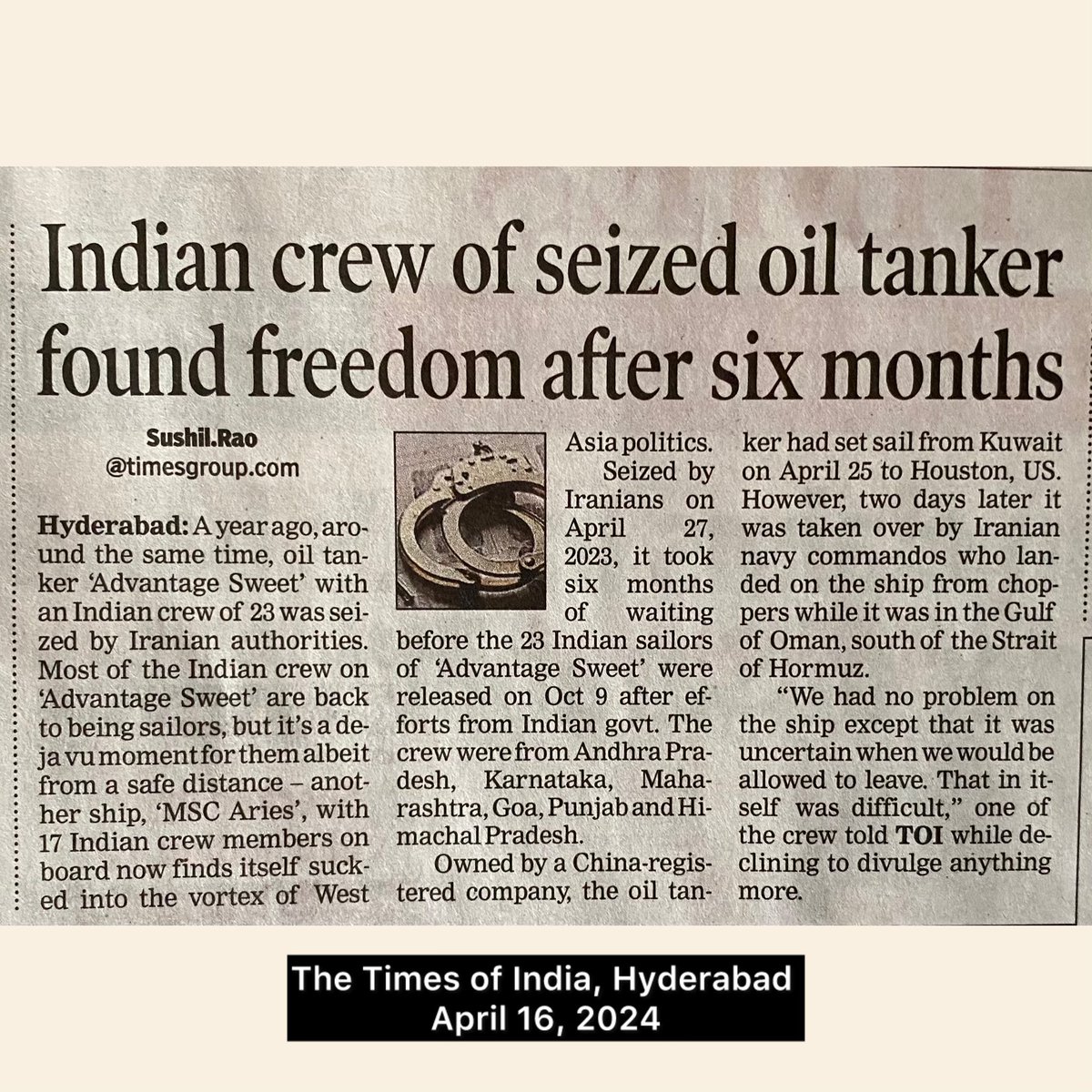 There were 23 Indian sailors on board a ship that Iranian authorities seized last year. The crew of “Advantage Sweet” were released after six months. On April 13, 2024, Iran seized the vessel MSC Aries. There are 17 Indian seafarers out of 25 crew on board. #MSCAries