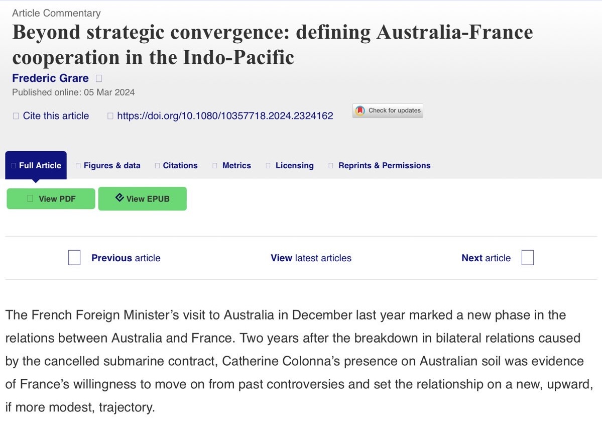 New online! Frederic Grare examines 🇦🇺 and 🇫🇷 strategic cooperation in the India-Pacific. tinyurl.com/tjeanv2c ⬇️