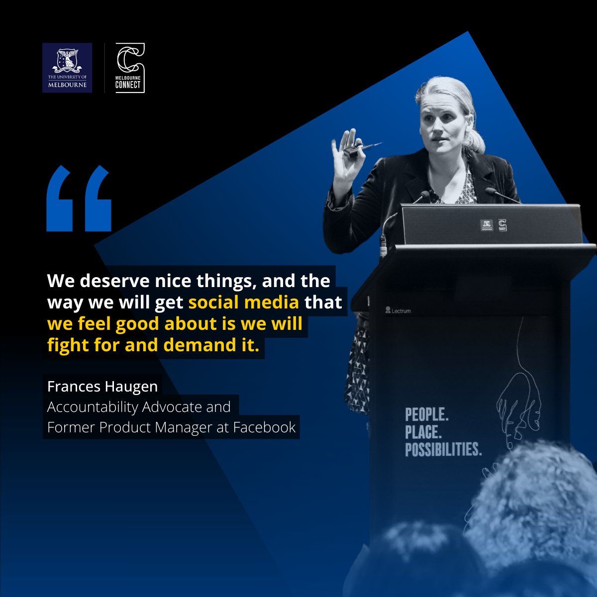 Ex-Facebook employee, Frances Haugen is now an advocate for accountability & transparency. In her recent address at Melbourne Connect, she urged lawmakers to fight for responsible social media, warning that AI tools are powering 'information warfare' ↓ melbconnect.com.au/discovery/shad…