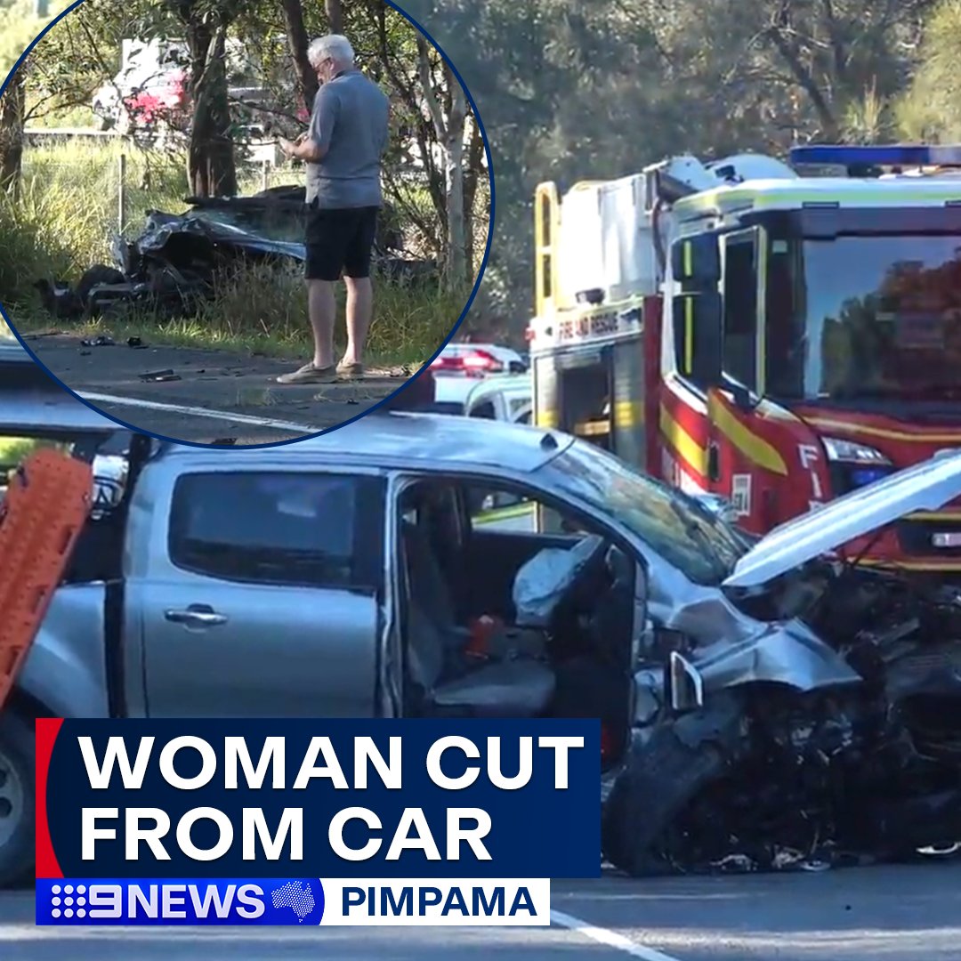 A woman has been rushed to hospital in a serious condition after a head-on collision involving another car and an e-scooter in Pimpama this morning. The woman had to be cut from her car after becoming trapped in the crash on Creek Street. #9News