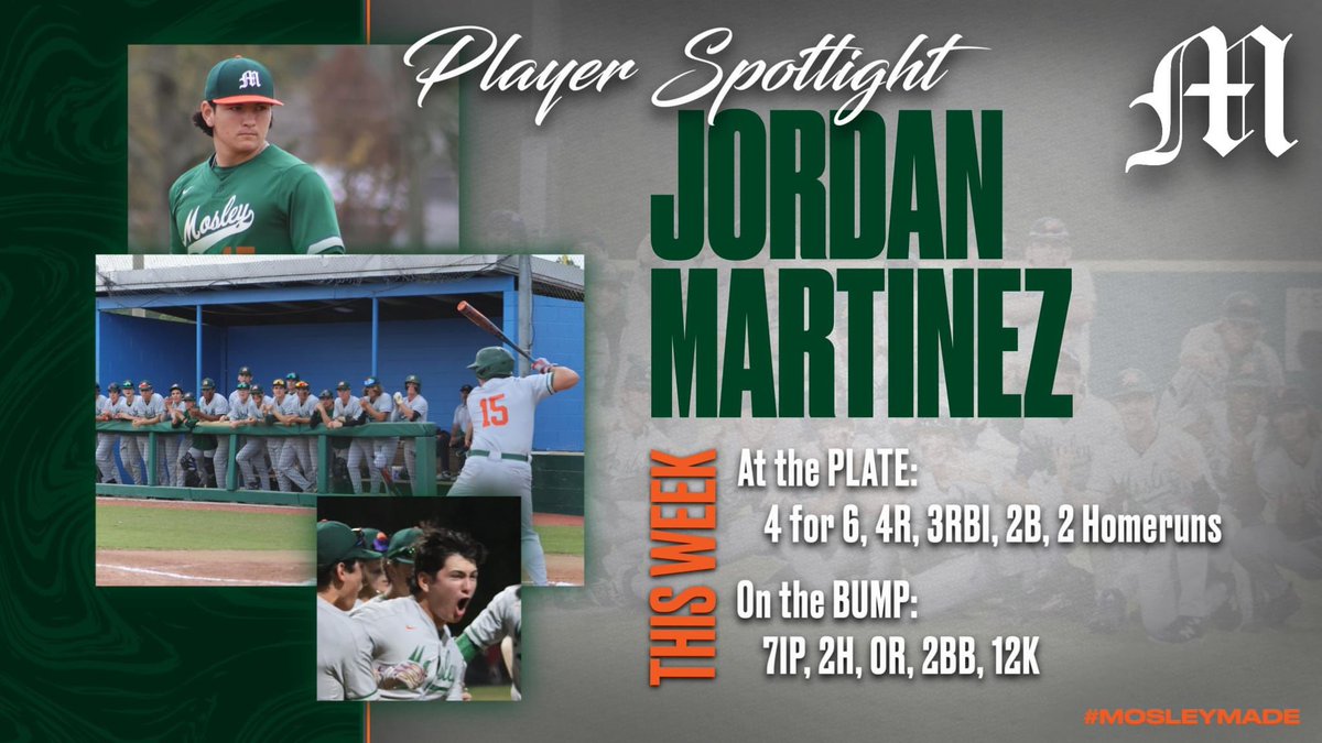 Help support one of Mosley's Finest with a VOTE for Jordan Martinez. Jordan is up for the award for his incredible performances vs the Arnold Marlins. 

The stats DO NOT LIE!

At the PLATE:
4 for 6, 4R, 3RBI, 2B &amp; 2HR 💣💣

On the BUMP:
7IP, 2H, 0R, 2BB, 12K