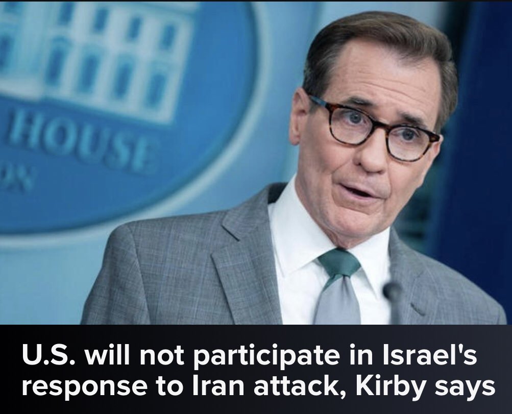 Biden says his support for Israel is IRONCLAD. Then Kirby says they won’t participate in Israel’s response to being attacked by over 300 drones and missiles thrown at them. WHICH ONE IS IT? 🤷‍♀️ You can’t trust a thing this administration is doing… or NOT doing!!