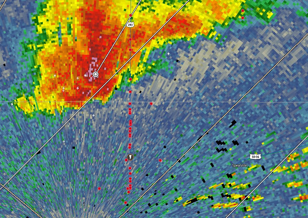 Small funnel reported on supercell N of Dodge City, Kansas. Also look at that chaser convergence!! #wxtwitter