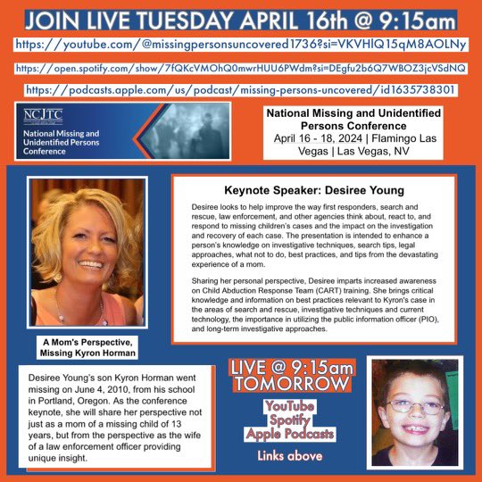 #KyronHorman #MissingPersons #NCJTC #CART @VoteVasquez24 Link should provide a live stream to the conference —-> youtube.com/@missingperson… This link is to their Spotify Podcast —-> open.spotify.com/show/7fQKcVMOh… This link goes to their Apple Podcasts: podcasts.apple.com/us/podcast/mis…