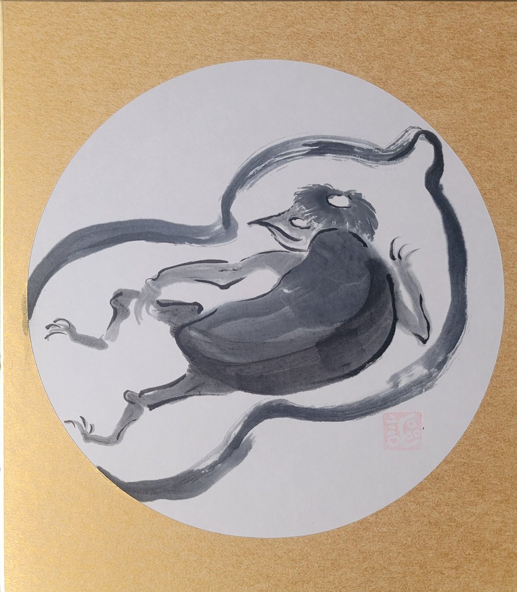 『瓢箪から駒』
河童が嫌う瓢と諺をかけて、表現しました。
 #絵描きさんと繋がりたい
#みんなで楽しむTwitter展覧会 
#ART祭
#水墨画
#河童
#kappa
#妖怪
#Yokai
